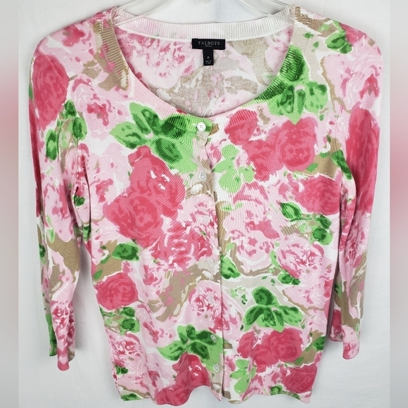 Talbot's Pink Floral 3/4 Length Sleeve  Button Down Sweater Sz Petite - Picture 2 of 9